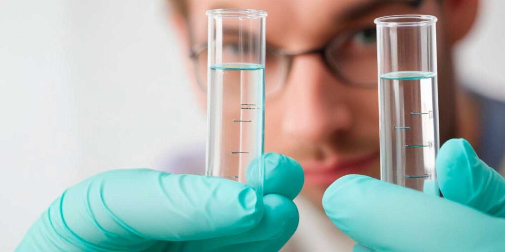 Dos pipetas con un líquido transparente que parece agua en primer plano y la cara de un chico de gafas difuminada al fondo