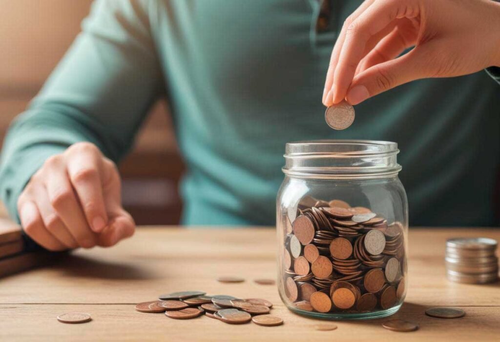 Tarro de cristal con monedas en su interior y una mano que se encuentra introduciendo una moneda más