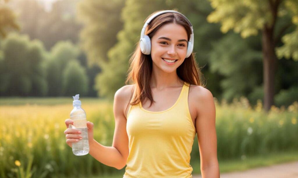 Chica sonriente con una botella de agua y unos cascos de música blancos