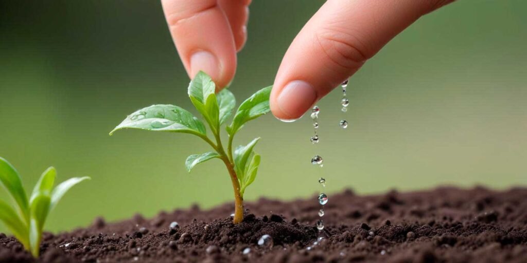 una mano tocando una pequeña planta verde con gotas de agua en los dedos
