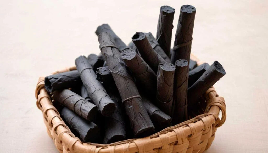 Pequeños bloques de carbón activado sobre una cesta de mimbre