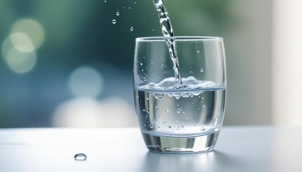 Vaso de agua en primer plano con el fondo difuminado con agua cristalina