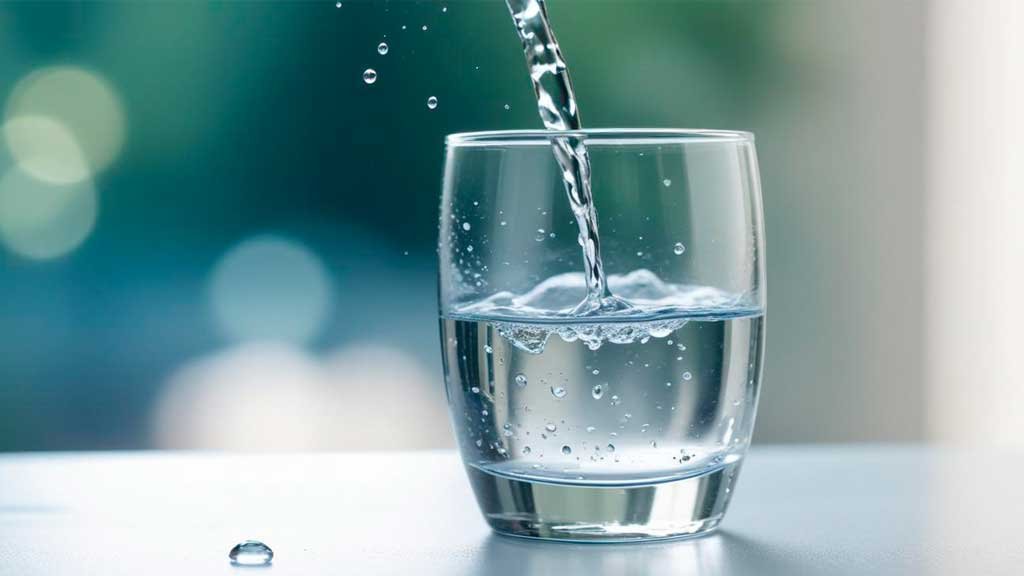 Vaso de agua en primer plano con el fondo difuminado con agua cristalina