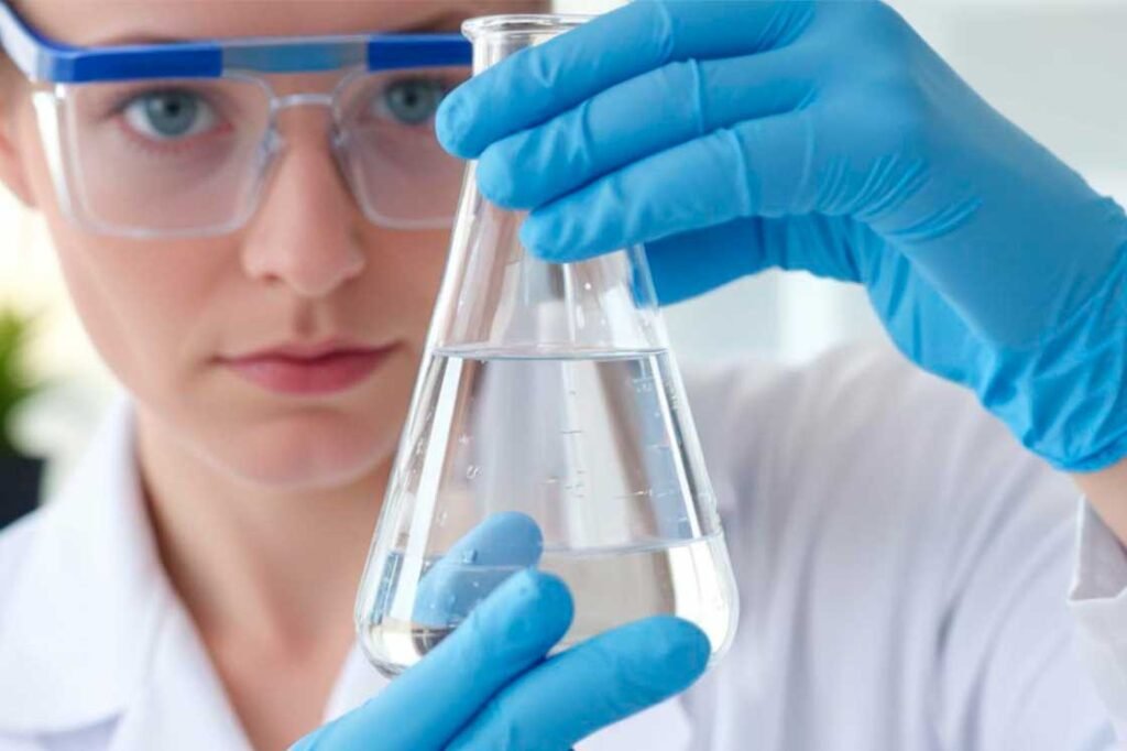 Científica de fondo con una probeta de agua destilada en primer plano