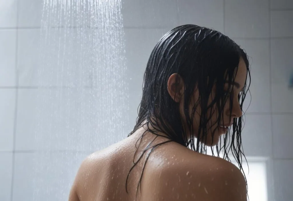 Mujer en la ducha mirando de soslayo a cámara